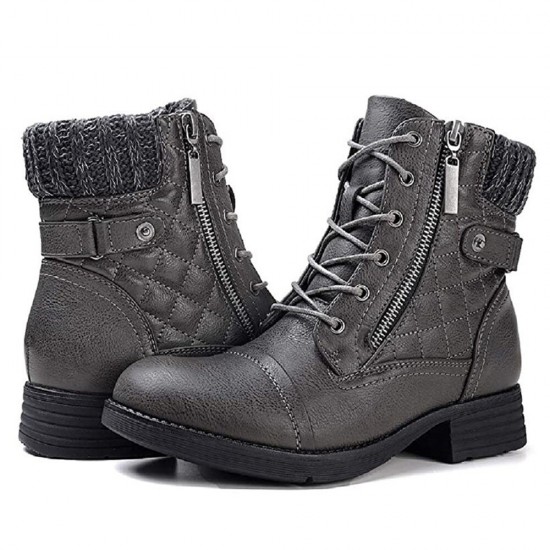 Large Size Women Casual Soft Comfy Warm Lined Patchwork Wool Side-zip Combat Boots