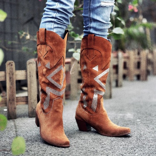 Plus Size Women Suede Rhinestone Chunky Heel Knee Cowboy Boots