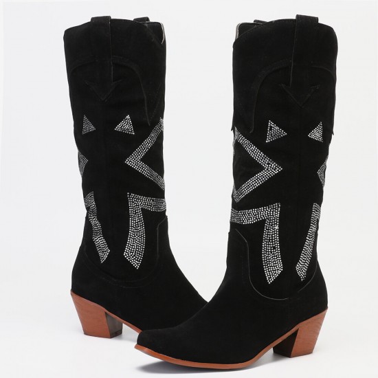 Plus Size Women Suede Rhinestone Chunky Heel Knee Cowboy Boots