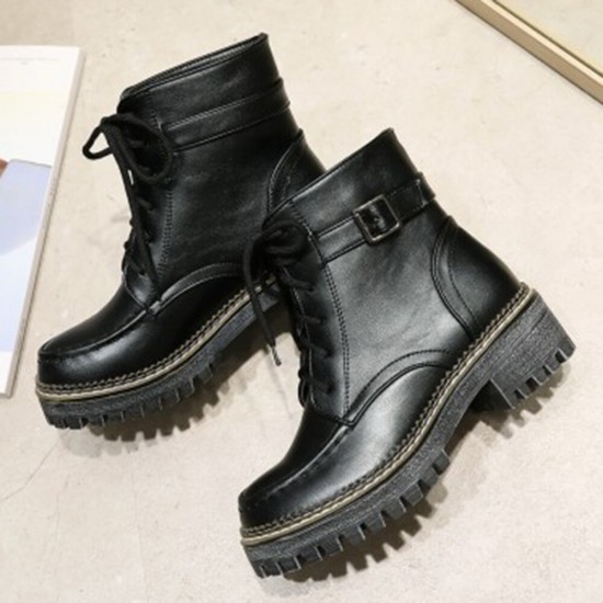 Women Casual Solid Color Buckle Lace Up Platform Short Combat Boots