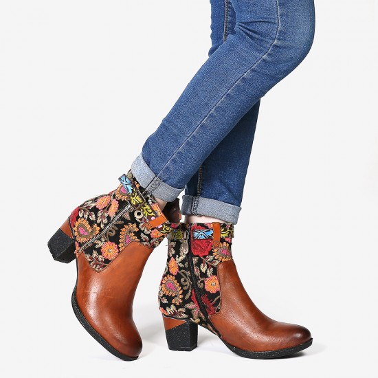 Ladies Causal Floral Pattern Buckle Deco Splicing Round Toe Block Heel Ankle Boots