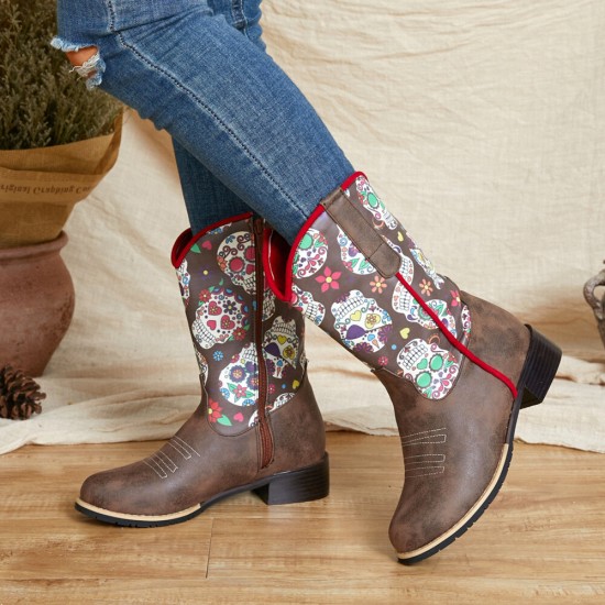 Women Retro Flower Printing Pointed Toe Zipper Mid-calf Cowboy Boots