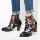 Women's Floral Causal Black Warm Lined Stacked Heel Ankle Boots