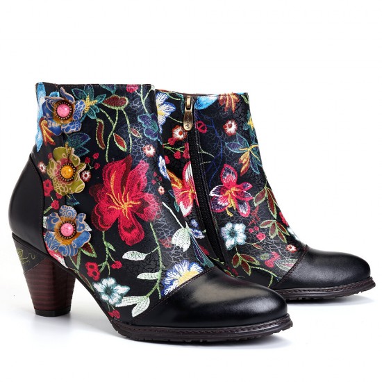 Women's Floral Causal Black Warm Lined Stacked Heel Ankle Boots