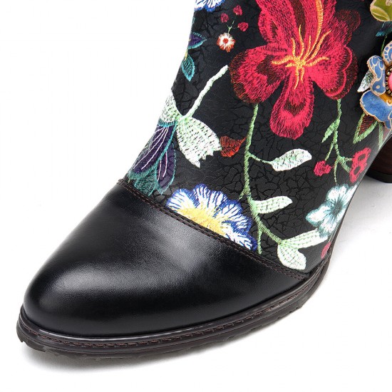 Women's Floral Causal Black Warm Lined Stacked Heel Ankle Boots