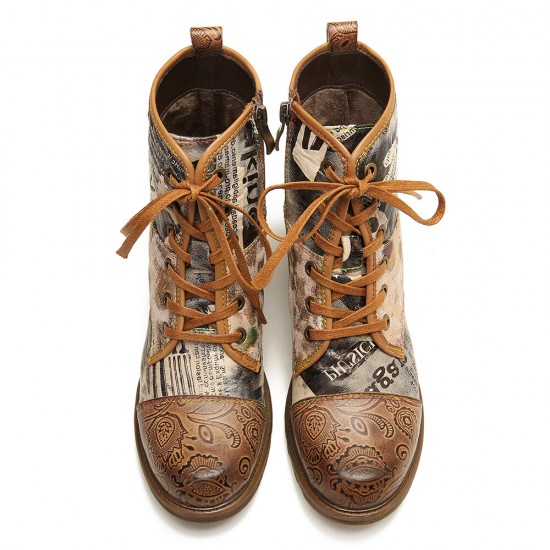 Retro Genuine Leather Newspaper Pattern Flat Ankle Boots