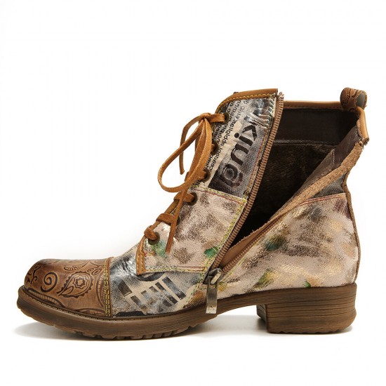 Retro Genuine Leather Newspaper Pattern Flat Ankle Boots