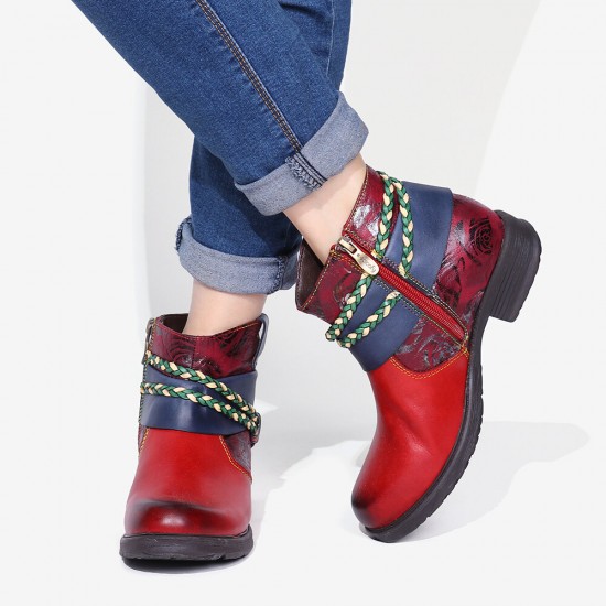 Printed Outdoor Woven Rope Splicing Side-zip Round Toe Block Heel Ankle Boots