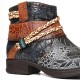 Printed Outdoor Woven Rope Splicing Side-zip Round Toe Block Heel Ankle Boots