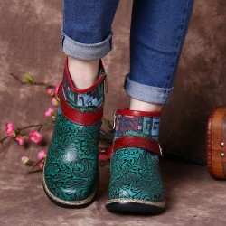 Retro Womens Green Embossed Genuine Leather Soft Flat Zipper Ankle Boots