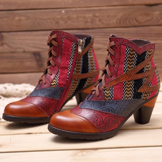 Bohemian Splicing Pattern Block Zipper Ankle Leather Boots Shoe