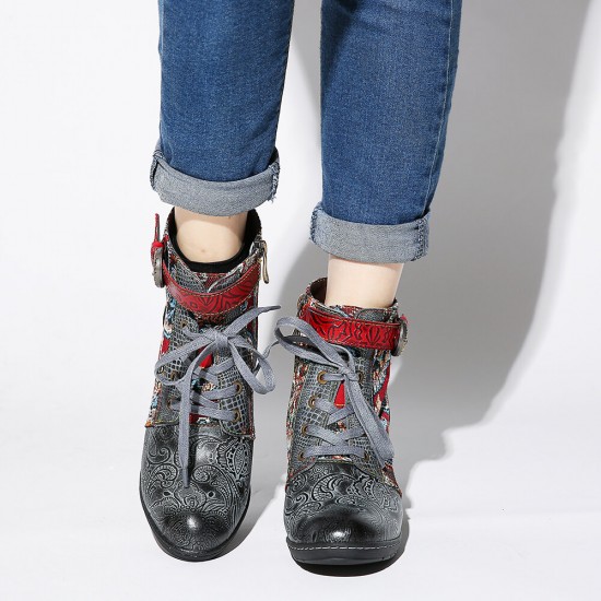 Embossed Splicing Tribal Pattern Buckle Deco Lace-up Zipper Warm Lined Ankle Boots