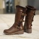 Women Plush Lining Buckle Decor Mid Calf Motorcycle Boots