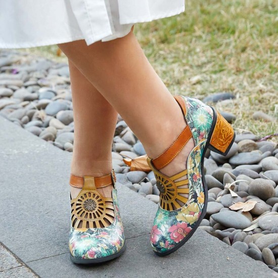 Genuine Leather Retro Floral Hook & Loop Comfy T-strap Heels