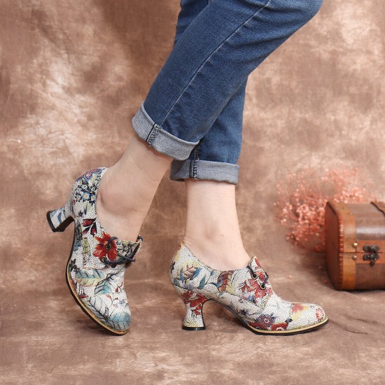 Fresh Natural Flowers Leaves Printed Comfy Wearable Chunky Heel Women Casual Lace Up Pumps