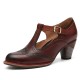 Genuine Leather Hook & Loop Comfy Retro Brown T-strap Heels