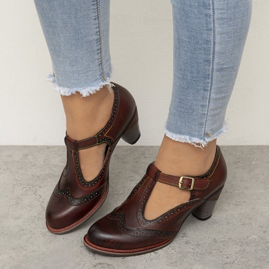 Genuine Leather Hook & Loop Comfy Retro Brown T-strap Heels