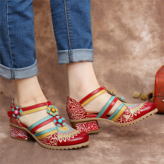 Bohemia Ethnic Style Stitching Embossed Beading Floral Chunky Heel Pumps