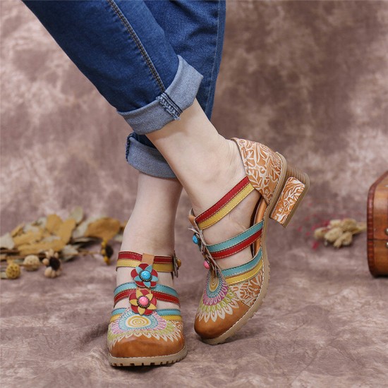 Bohemia Ethnic Style Stitching Embossed Beading Floral Chunky Heel Pumps