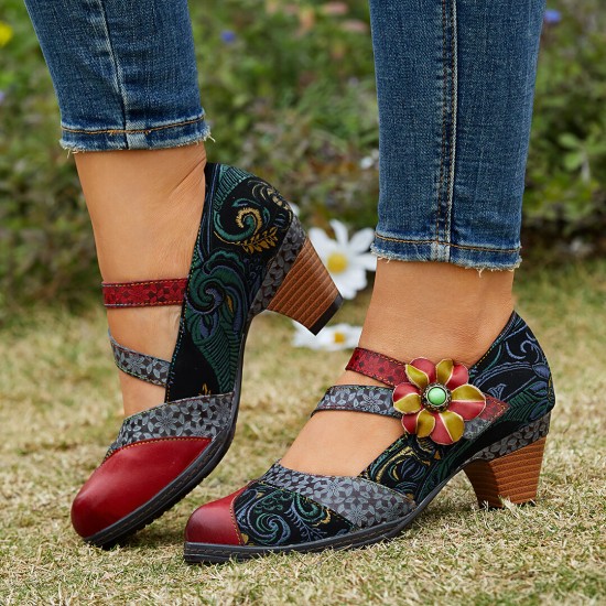 Genuine Leather Hook & Loop Comfy Retro Colorblock Floral Decor Mary Jane Heels