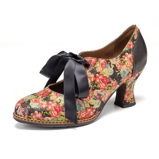 Women Elegant Graceful Little Flowers Printed Comfy Wearable Lace Up Stitching Chunky Heel Pumps