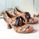 Women Elegant Graceful Little Flowers Printed Comfy Wearable Lace Up Stitching Chunky Heel Pumps