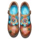 Genuine Leather Bohemian Ethnic Style Buckle Comfy Floral T-strap Heels