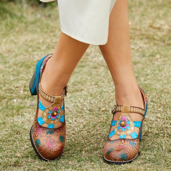 Genuine Leather Bohemian Ethnic Style Buckle Comfy Floral T-strap Heels