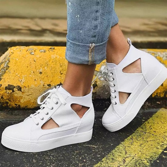 Women Canvas Cut Out Wearable Hidden Increase Casual Flat Shoes