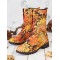 Embroidered Sunflowers Printing Block Heel Round Toe Lace-up Mid-calf Combat Boots for Women