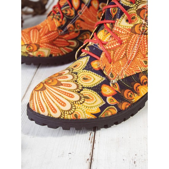 Embroidered Sunflowers Printing Block Heel Round Toe Lace-up Mid-calf Combat Boots for Women