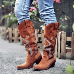 Plus Size Women Suede Rhinestone Chunky Heel Knee Cowboy Boots