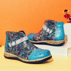 Folkways Pattern Genuine Leather Splicing Comfy Flat Ankle Boots