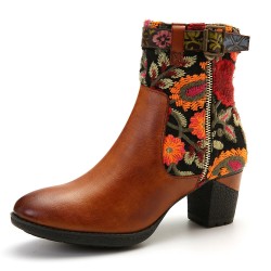 Ladies Causal Floral Pattern Buckle Deco Splicing Round Toe Block Heel Ankle Boots
