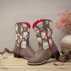 Women Retro Flower Printing Pointed Toe Zipper Mid-calf Cowboy Boots
