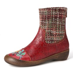 Check Woolen Splicing Floral Embossed Genuine Leather Flat Short Boots