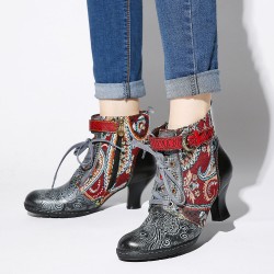 Embossed Splicing Tribal Pattern Buckle Deco Lace-up Zipper Warm Lined Ankle Boots