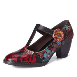Retro Florals Embroidery Flowers Leather Low Heel T-strap Hook Loop Pumps
