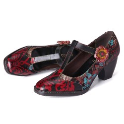 Retro Florals Embroidery Flowers Leather Low Heel T-strap Hook Loop Pumps