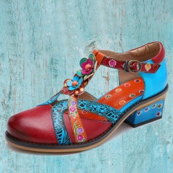 Genuine Leather Comfy Hook & Loop Retro Ethnic Low Heel Floral T-Strap Shoes