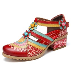 Bohemia Ethnic Style Stitching Embossed Beading Floral Chunky Heel Pumps