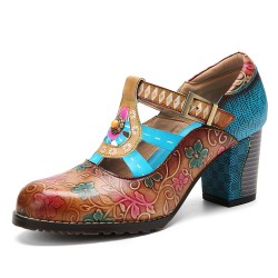 Genuine Leather Bohemian Ethnic Style Buckle Comfy Floral T-strap Heels